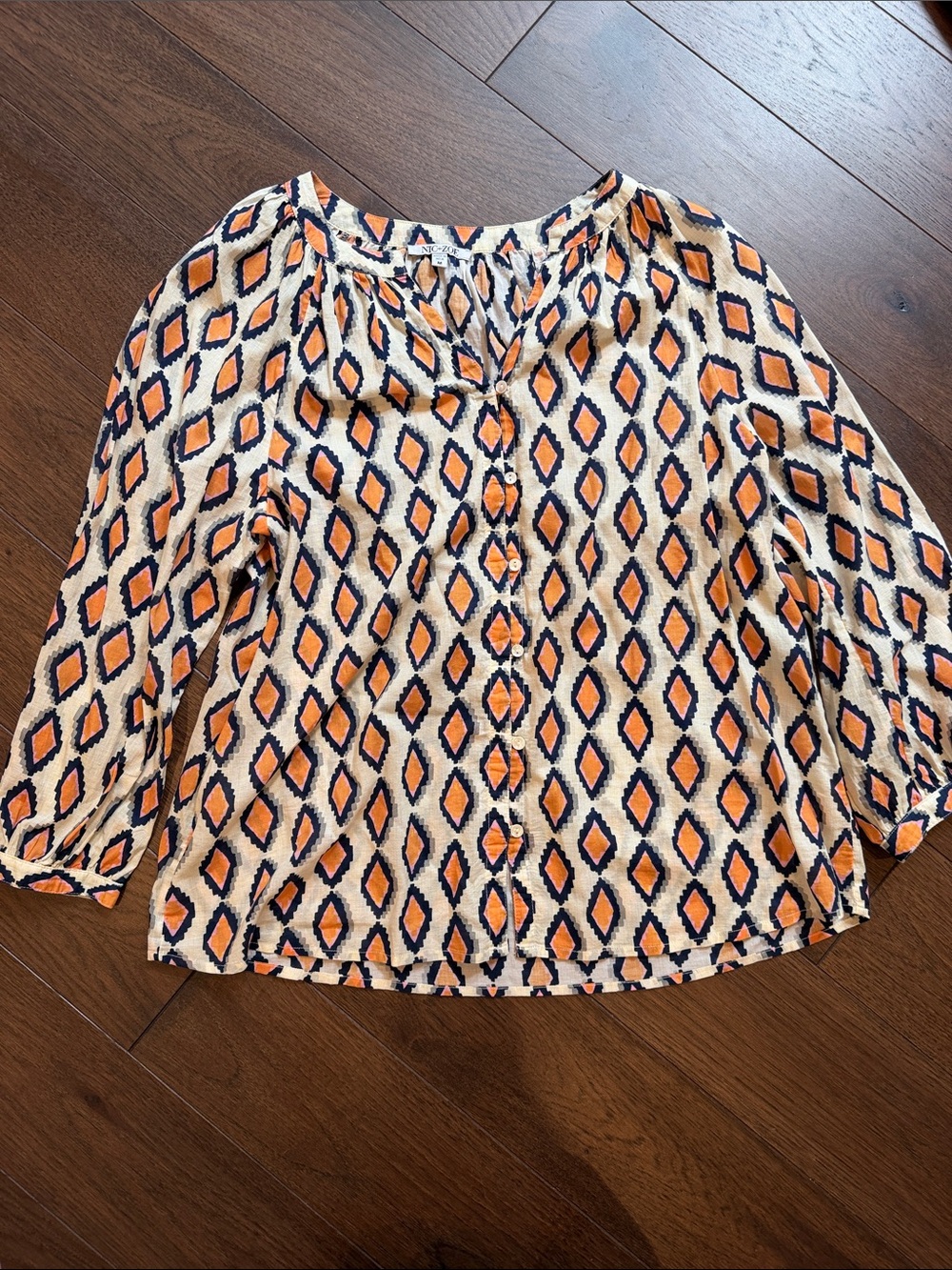 Nic + Zoe Geometric Button-Front Blouse in Cream & Orange Medium - C4-119